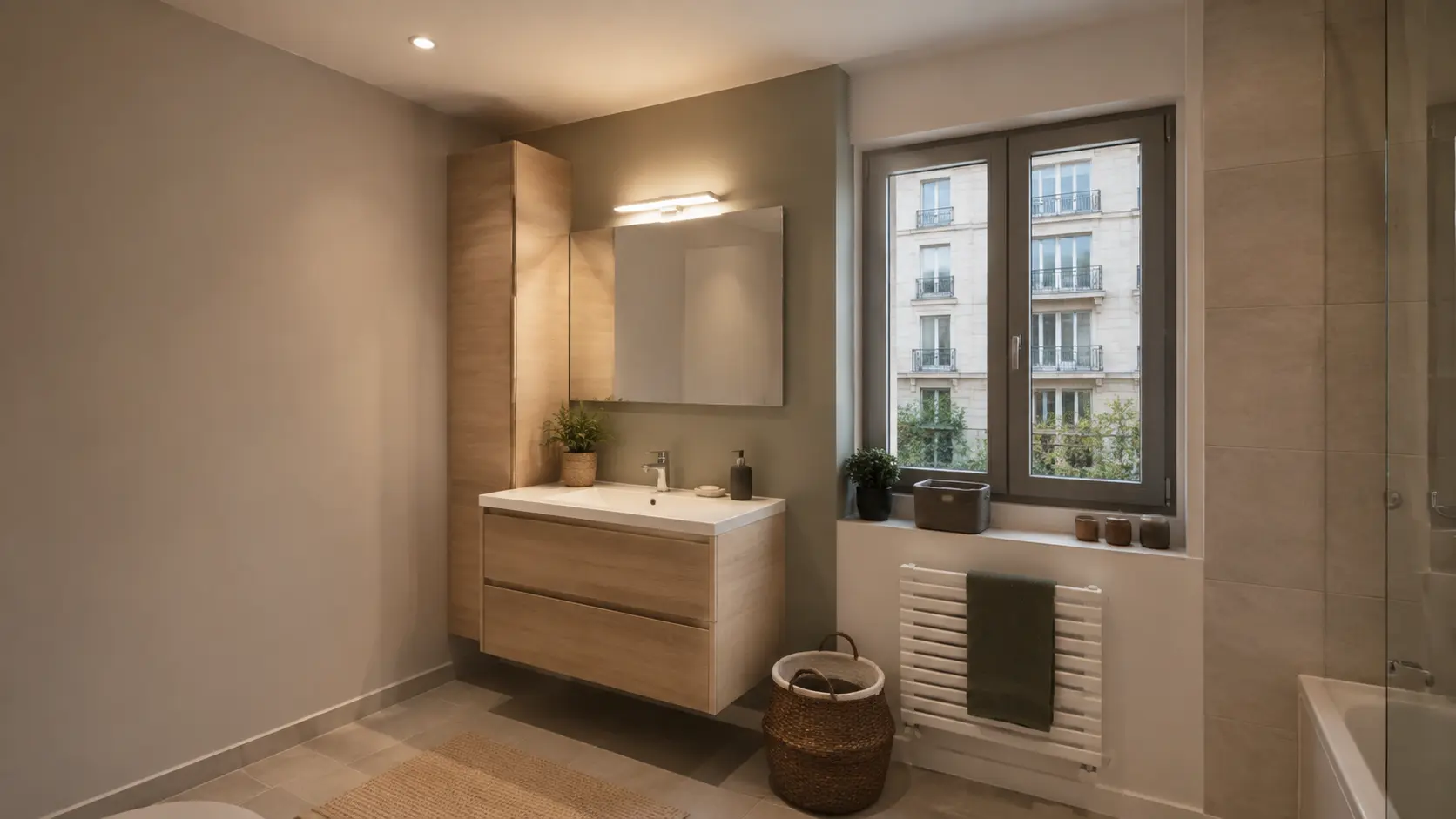 Salle de bain avec fenêtre équipée de Smart Film, vitrage transparent