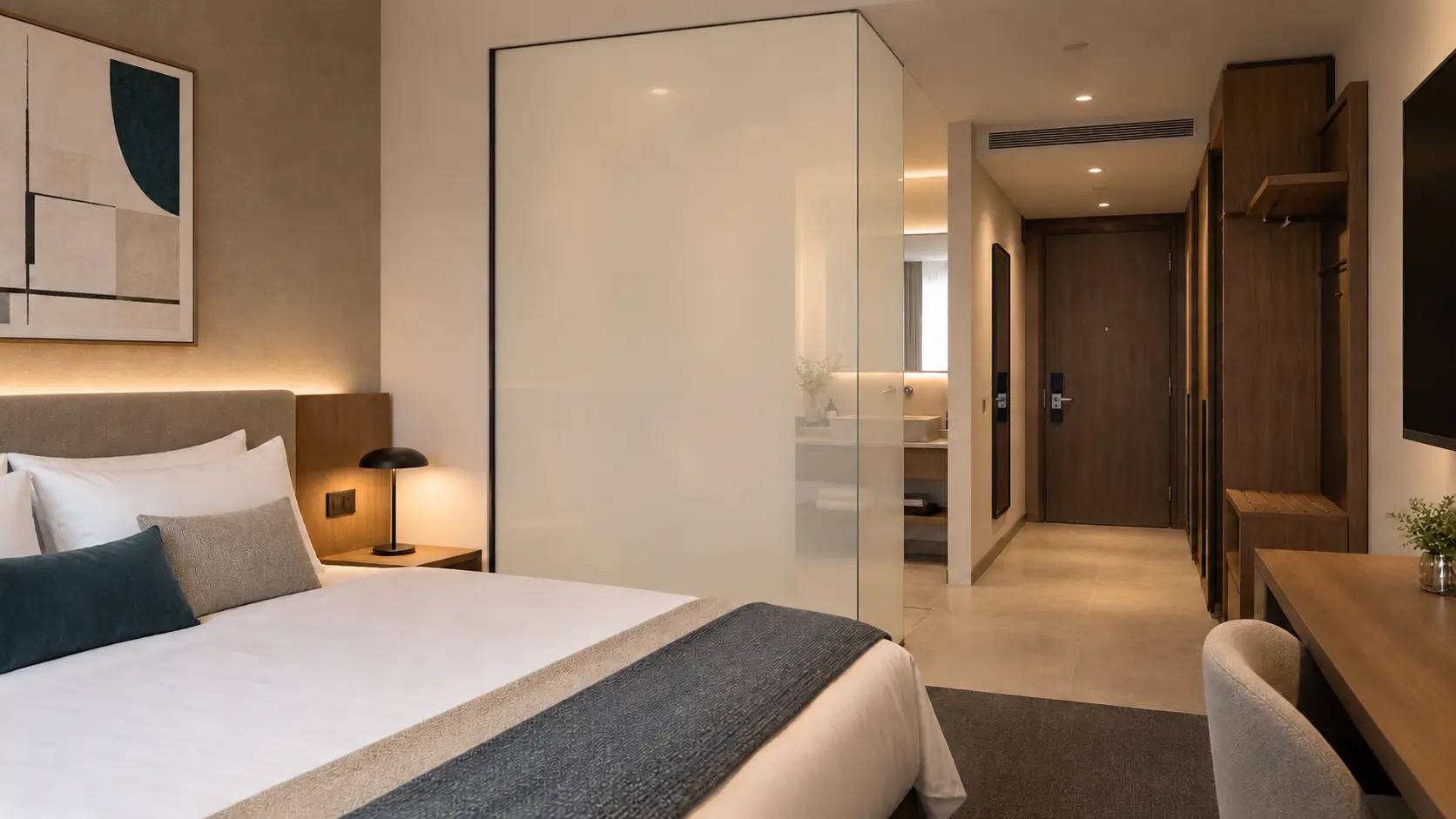 Chambre d’hôtel avec séparation vitrée Smart Film, vitrage privé