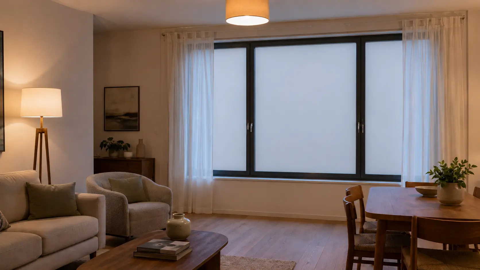 Séjour parisien avec baie équipée de Smart Film, vitrage en état privé
